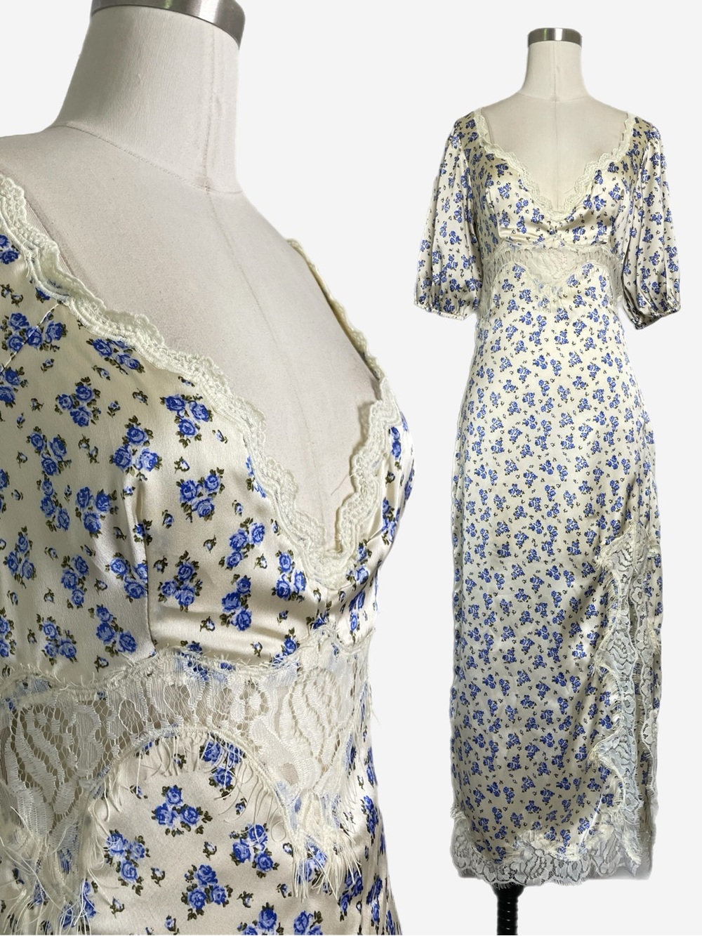Urban Outfitters NWT White blue floral Lauren lace trim midi dress western S
